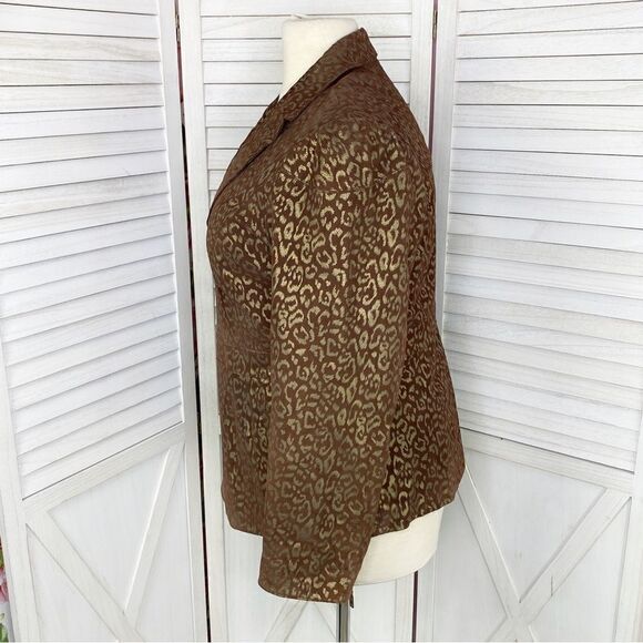 Pamela McCoy Metallic Leopard Print Leather Coat Brown Gold 1X Zipper Front - Picture 3 of 15